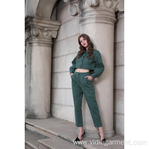 Ladies' Two Piece Sets Women's Green Army Jacket and Trousers Supplier